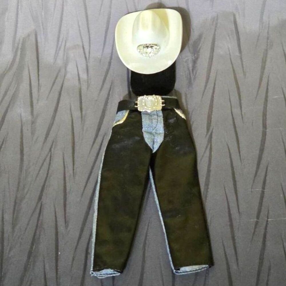 Vintage 1993 Western Stampin Ken Pants Faux Chaps White Cowboy Hat Mattel